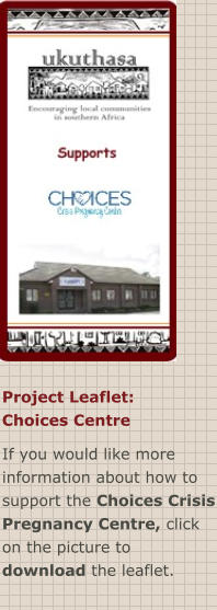 Project Leaflet: Choices Centre If you would like more information about how to support the Choices Crisis Pregnancy Centre, click on the picture to download the leaflet.